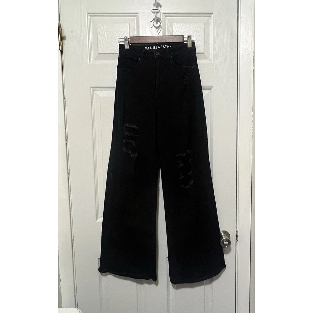 Vanilla Star Juniors' Super High Rise Skater Wide Leg Jeans in Black Size 3 Boho